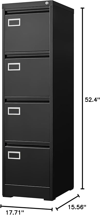 4 Drawer Small File Cabinet with Lock Under Desk Storage Cabinet Organizer Vertical Metal Filing Cabinets for Home Office Letter A4 Legal FilesBlack