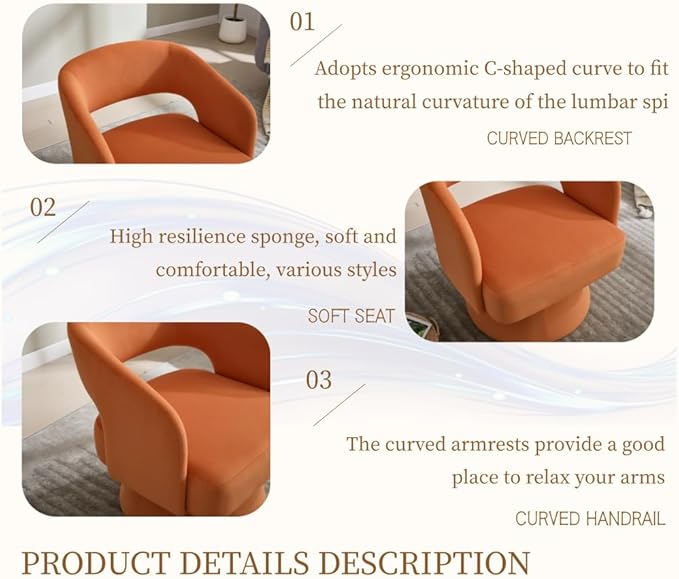 Swivel Barrel Chair Velvet Accent Armchair 360 Degree Swivel Club Chair for Living Room Bedroom Reception Room (Orange + Foam + Steel + Velvet + Foam)