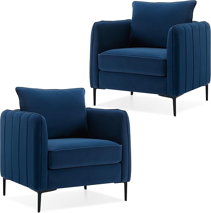 Blue Velvet Accent Chairs Set of 2 Modern Upholstered Accent Chair Comfy Velvet Armchair with Thick Cushion and Wood Frame Single Sofa/Side Chair for LivingRoom Bedroom Nursery Office