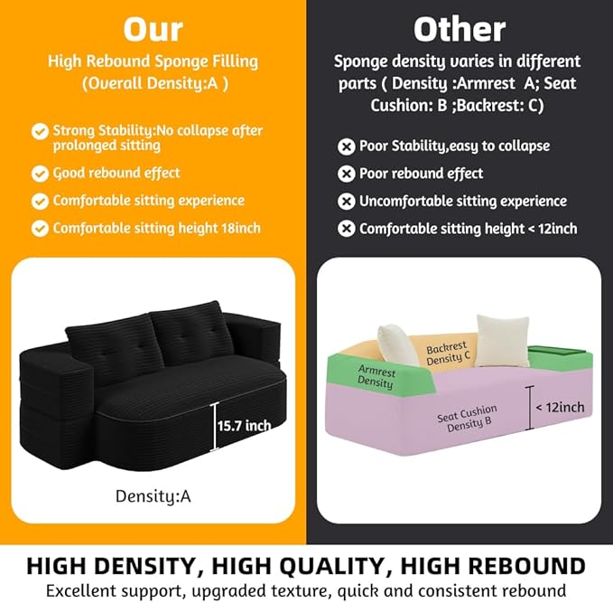 78.7 Floor Foam Sleeper Sofa Bed Folding Futon Couch Bed Corduroy Compression Loveseat Sofa Foldable Full Size Couch with 2 Pillows for Living Room Bedroom Apartment Black