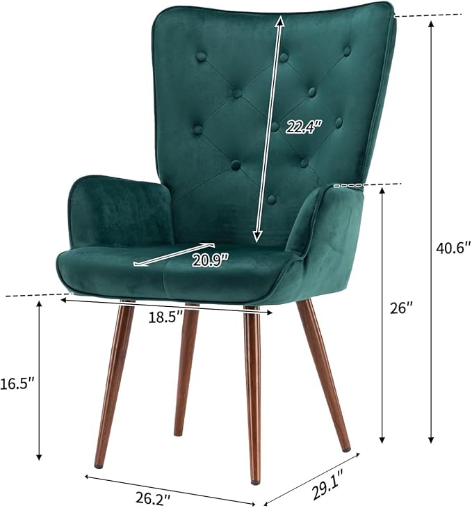 UNICOO - High Wingback Living Room Chairs Vintage Button Wingback Chair Velvet Side Chair Leisure Chair Wingback Reading Chair for Living Room Bedroom Waiting Room (Dark Green)
