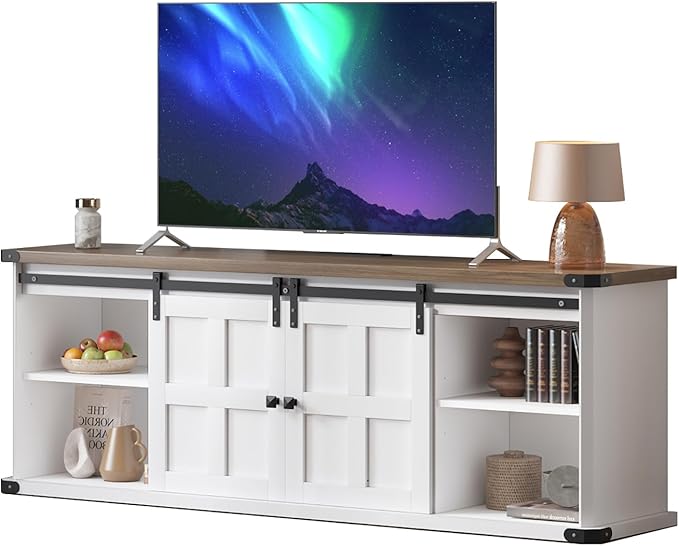 GAOMON 70 Farmhouse TV Stand for 80/75/70 Inch TVsEntertainment Center Storage Cabinets w/Power Outlets and Sliding Barn DoorRustic TV Stands for Living RoomMedia Console Cabinet (White+Brown)