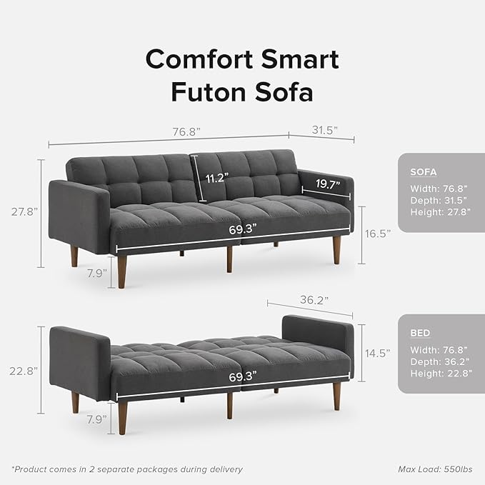 mopio Aaron 76.8 Couch Small Futon Sofa Bed Sleeper Loveseat Mid Century Modern Futon Couch Sofa Cama Couches for Living Room Bedroom (Dark Grey Fabric)