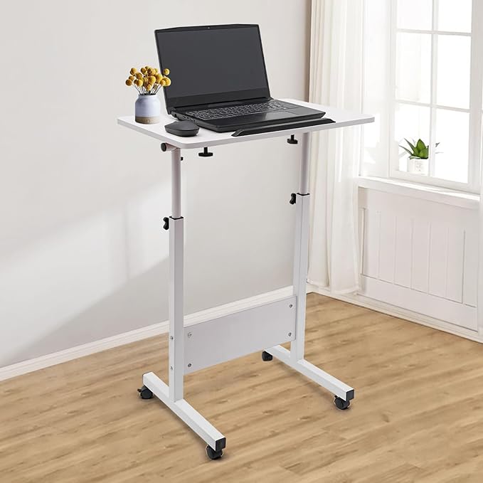 Movable Standing Desk Adjustable Height&ampAngle Rolling Computer Stand Laptop Podium Desk Lectern Portable Tilting Top Mobile Standing Lifting Desk for Office Classroom School (White)