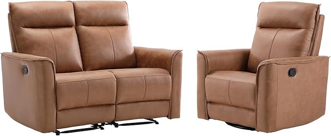 EBELLO Faux Leather Manual Recliner Sofa Set 1 Seat Recliner Chair and a Loveseat Reclining Couch Furniture Set for Living Room Brown