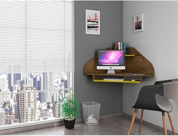 Eden Home Mid-Century Modern Wood Corner Desk Rustic Brown and Yellow Finish 47.24 in H x 43.98 in W x 31.1 in D Overhead Shelf Sliding Drawer Home Office Desk with Cable Management