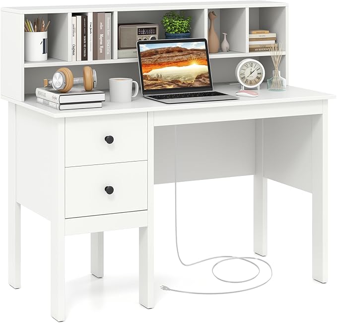 LDAILY Moccha Desk with Storage Drawers &amp Hutch Home Office Computer with Charging Station 5-Cubby Hutch &amp 2 Drawers Makeup Vanity Desk Wood Executive Desk Study Writing Desk for Bedroom