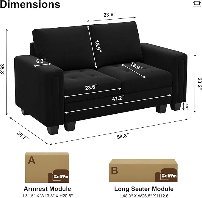 Belffin Velvet Modular Loveseat Sofa Couch 2 Seater Sofa Love Seats for Small Space Black