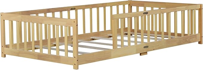 Bellemave Twin Floor Bed with Slats and Safety Guardrails Kids Montessori Floor Beds with Fence and Without Door Easy Assemble Floor Bed for Kids Girls Boys Natural