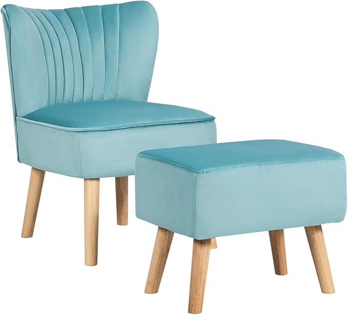 Giantex Velvet Accent Chair with Ottoman Modern Tufted Upholstered Chair with Footrest Firm Wood Legs Leisure Single Club Chair Set for Living Reading Room Bedroom (Turquoise)