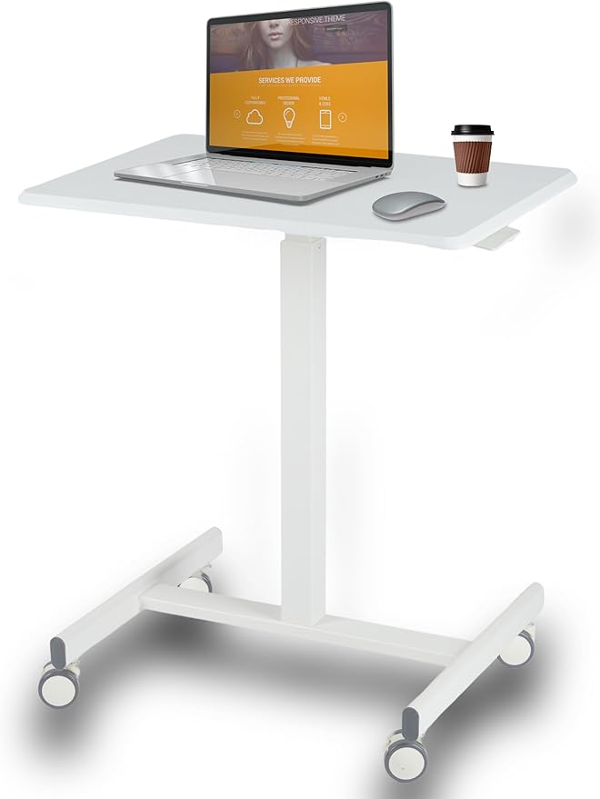 NEWBULIG Mobile Laptop Standing Desk- Overbed Table Adjustable Height Desk Stand Up Desk Small Rolling Sit Stand Desk Teacher Podium with Wheels White