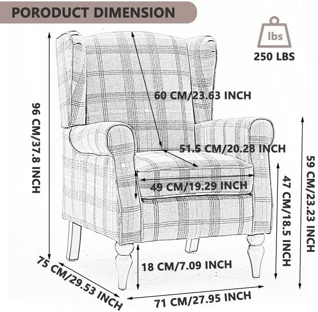 Modern Accent Chair with Retro Wood Legs Comfy Upholstered ArmchairTantan Check Design Single Sofa Chair for Living Room Bedroom Office - Blue