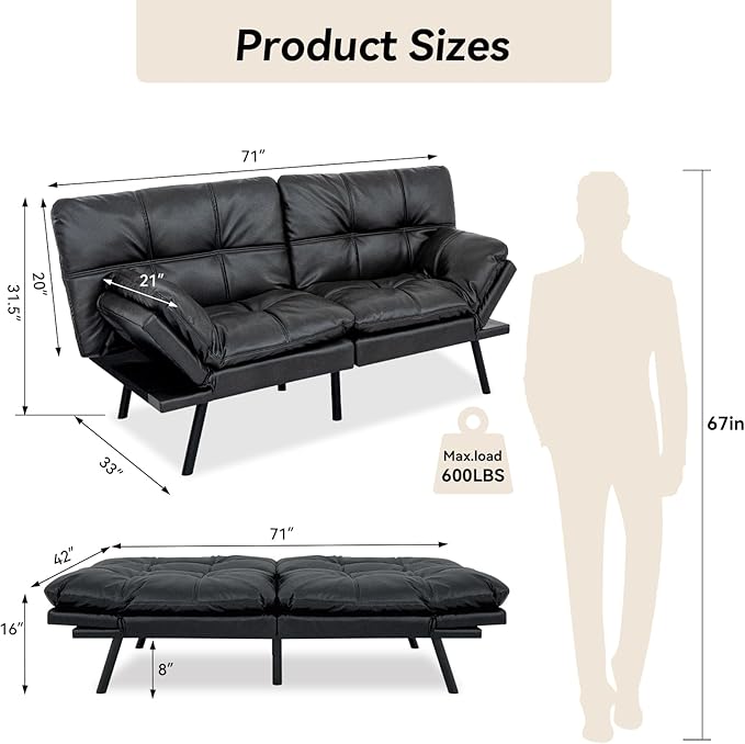 Hcore Convertible Futon Sofa Bed CouchMemory Foam Futon Couch BedLoveseat Sleeper Sofa BedSmall Splitback Faux Leather Modern Sofa Couch for Living RoomOfficeApartmentMatte Black