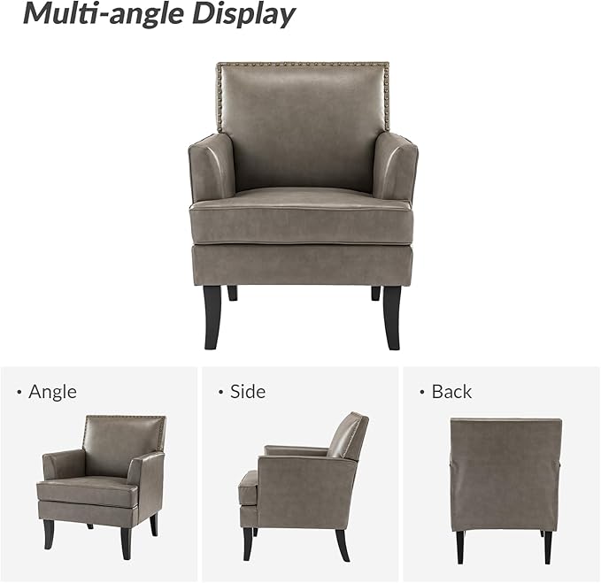 HULALA HOME Modern Faux Leather Accent Chair Comfy Upholstered Sofa Chair with Nailhead Trim Living Room Bedroom Armchair with Wood Legs Grey