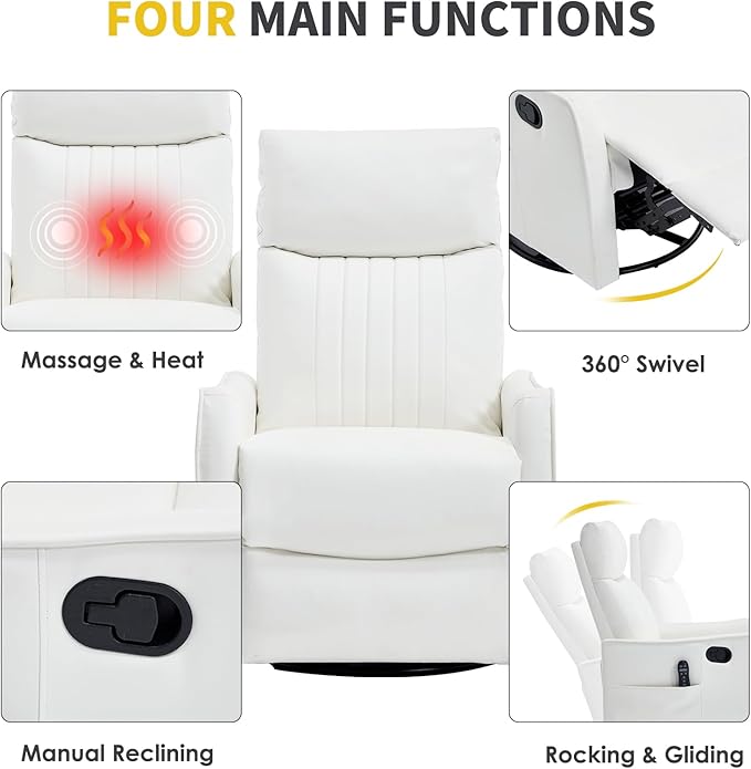 Swivel Rocker Recliner Chair 360° Swivel Recliner with Heat and Massage Rocker Recliner Upholstered Fabric Nursery Glider Recliner Chair with Side Pockets for Living Room PU White