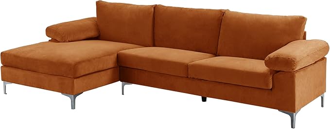 Casa Andrea Milano Modern Large Velvet L-Shape Sectional Sofa with Extra Wide Chaise Lounge Couch