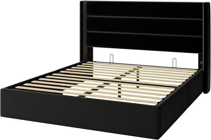 Allewie Full Size Velvet Lift Up Storage Bed Modern Wingback Headboard Hydraulic Support No Box Spring Needed Black