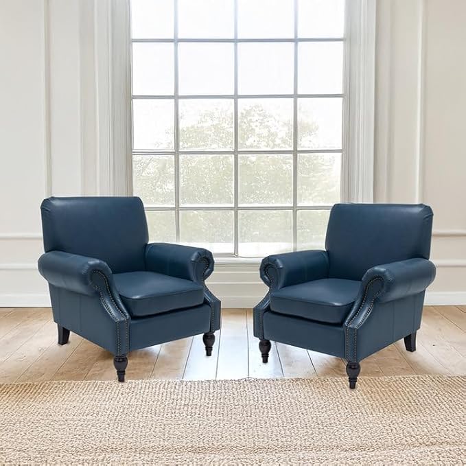 Accent Chair22.4 Seat Depth Armchair with Roll Arms36.6W*34.3D*34.6H Chair for Living RoomWood LegsSet of 2Faux Leather in Navy