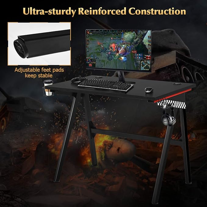 POWERSTONE Gaming Desk - 40 Inch Ergonomic Pc Computer Racing Style Office Desk Gamer Tables Workstation with Headphone Hook and Cup Holder