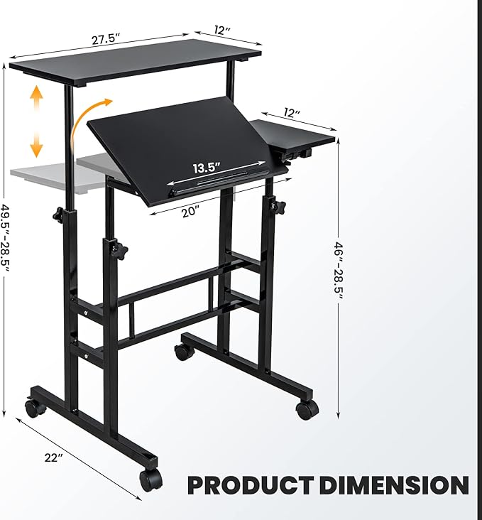Giantex Mobile Standing Desk Height Adjustable Stand Up Desk with Wheels &amp Tilting Tabletop Rolling Laptop Cart Computer Workstation for Standing or Sitting Home Office Sit Stand Desk Black