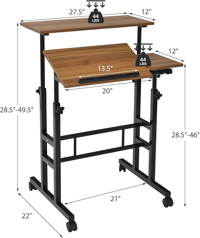 Tangkula Mobile Stand Up Desk Height Adjustable Home Office Desk with Standing &amp Seating 2 Modes Tilting Tabletop &amp Flexible Wheels Rolling Laptop Cart Sit Stand Desk (Walnut)