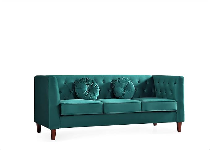 Kittleson Classic Chesterfield Velvet Sofa with Elegant Button Tufted Backrest Square Legs High-Density Foam &amp Accent Pillows 3 Seater Couch for Living Room Sofa Green