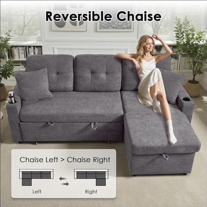 Reversible Sectional Sofa Couch Sleeper Sofa Bed with Storage Chaise Pull Out Couch for Living Room | USB Charge | Cup Holder | Removable Backrest |Teddy Fabric (LightGrey)