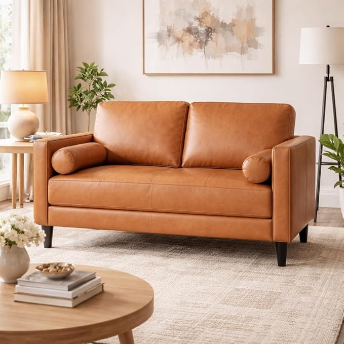 Naomi Home Marisa Mid-Century Modern Genuine Leather Loveseat Sofa – Comfortable 2-Seater Tan Cowhide for Small Spaces &amp Apartment Living – Robust Hardwood Frame