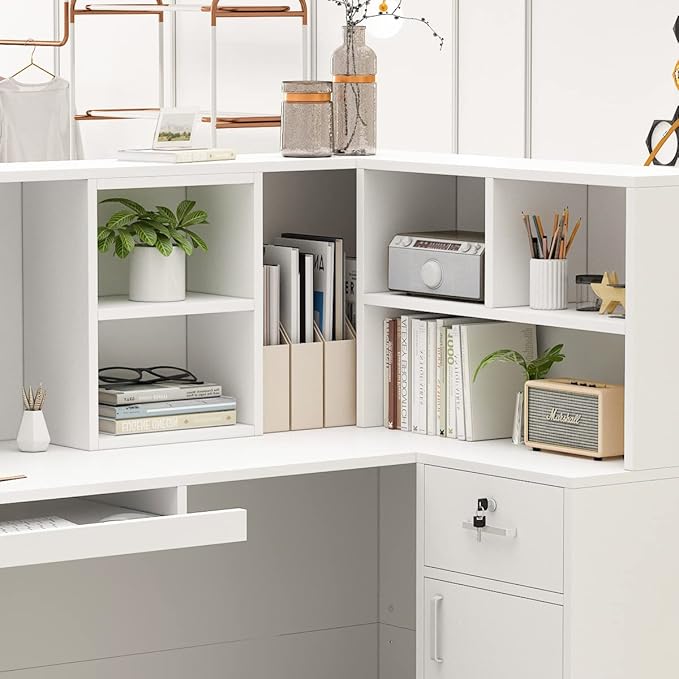 Homsee Reception Desk L-Shaped Office Desk with Counter 1 Door Storage Cabinet 1 Lockable Drawer Hutch Shelf &amp Keyboard Tray White