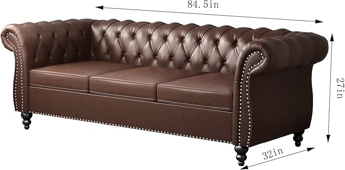 Modern 3 Seater Couch Large Sofa Furniture Roll Arm Classic Tufted Chesterfield Settee Leather Sofa with Channel Tufted Seat Back for Living Room Dark Brown PU