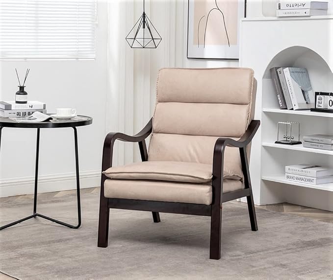 Mid Century Modern Accent Chair for Living Room Bedroom or Office Retro-Styled Armchair with Solid Wood Frame and Plush Cushioning Spotted Microfiber Light Camel