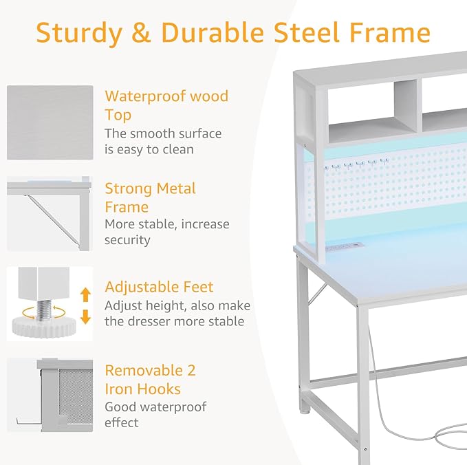 White Gaming Desk with Hutch and Pegboard - Computer Desk with Hutch Power Outlet 47 Inch Art Desk with Storage Hooks RGB and Side Bag Writing Modern Study Teen Desks for Girl Bedroom Home Office