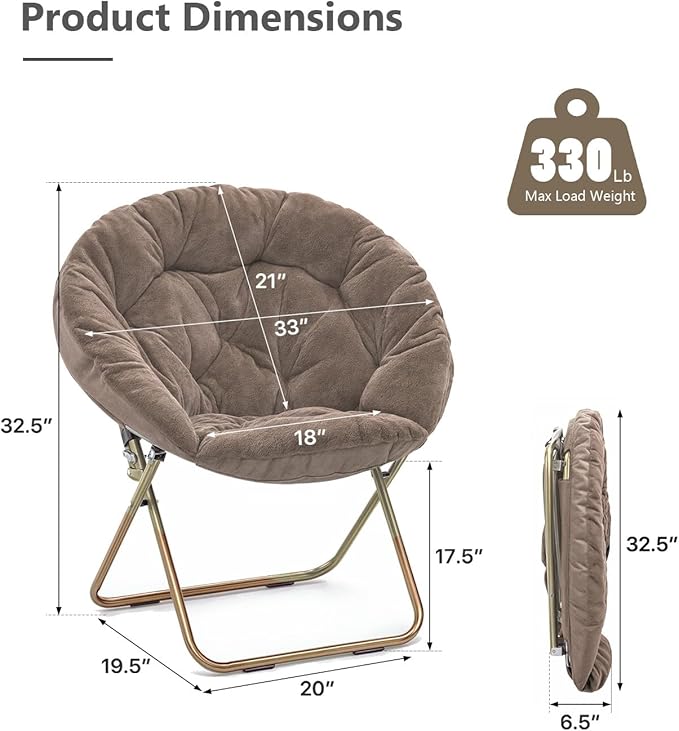 Cozy Saucer Chair Living Room Chair Faux Fur Soft Thick Padded Seat Metal Frame Folding Chair Comfortable Moon Chair for Living Room Bedroom Reading Nook Modern Style 1 Pack Brown