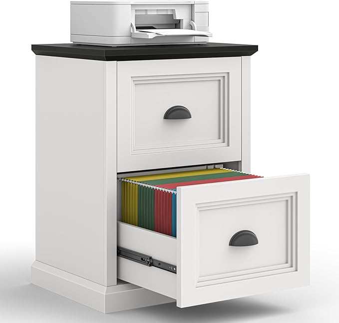 Vertical File Cabinet Filing Cabinet with 2 File Drawers Farmhouse Small File Cabinet Fits Letter/A4 Size Wooden Printer Stand Under Desk Cabinets for Home Office White and Black