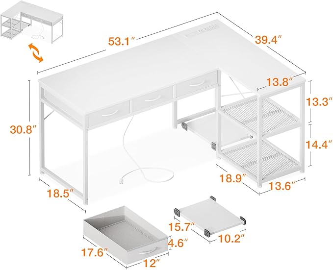 Casaottima L Shaped Desk Reversible Computer Desk with 3 Fabric Drawers 53 Corner Desk with Power Outlets&ampStorage Shelves White Desk with Movable CPU Stand Desk for Home Office