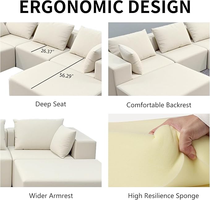 Modern Modular Sectional Sofa 110 Inch Comfy 3 Seater U-Shaped Cloud Couch with 2 Movable Ottomans Chenille Boneless Sofa Couch with Deep Seat for Living RoomNo Assembly RequiredWhite