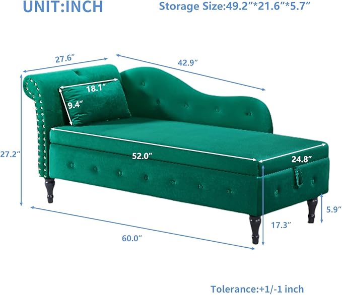 60 Modern Velvet Chaise Lounge IndoorUpholstered Lounge Chair with Left Armrest and Lumbar Pillow Button Tufted Lounge Sofa for Living Room Bedroom OfficeMini Chaise Longue Sofa (Green Storage)
