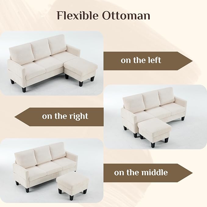 Karl home Small Sectional Couch L Shaped Sofa with Movable Storage Ottoman Corduroy Upholostered Sofa Chaise with Side Pockets for Living Room Apartment Studio Beige