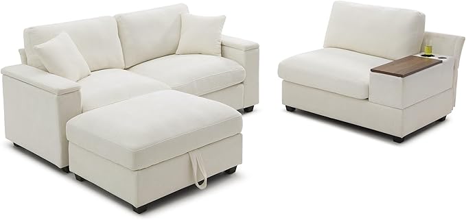 Oversized L-Shaped Modular Sectional Sofa with Storage Armrest Reversible Couch with Movable Ottoman USB Ports Cup Holders 360°Swivel Tray Comfy Cloud Cushions for Living Room or Apartment Beige