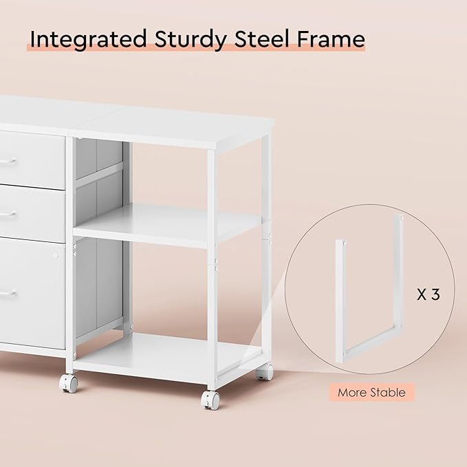 3 Drawer File Cabinet with Wheels Rolling Printer Stand with Open Storage Shelf Fabric Lateral Filing Cabinet for Home OfficeWhite