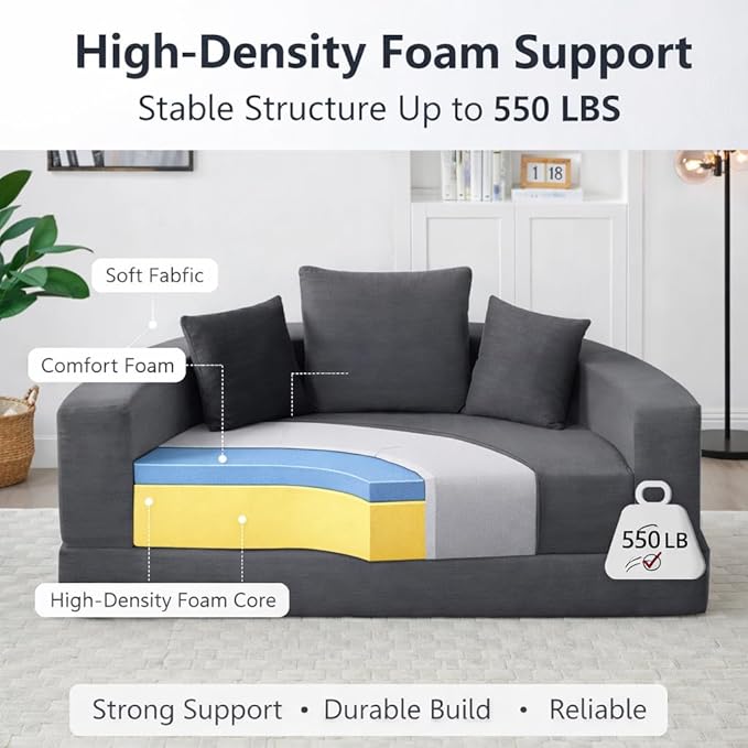 Convertible Round Sofa Bed 67 Corduroy Upholstered Loveseat Sleeper Couch Pull-Out Floor Bed with 3 Pillows No Assembly 550 lbs Weight Capacity (Gray)