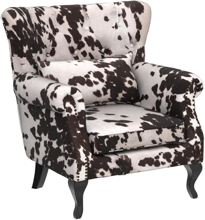 Mid Century Modern Accent Chair Upholstered Armchair Comfy Cowhide-Print Fabric Single Sofa with Tufted Wingback for Small Spaces Bedroom Living Room Cow