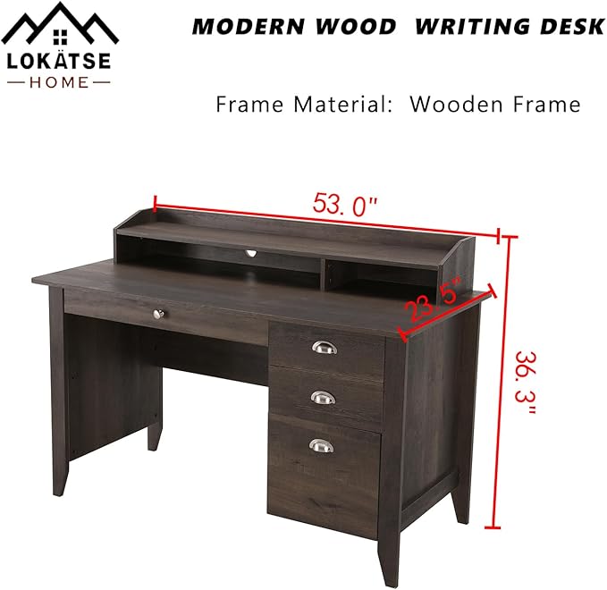 LOKATSE HOME Executive Computer Wood Desk with Drawers Home Office Writing Study Desk with Hutch