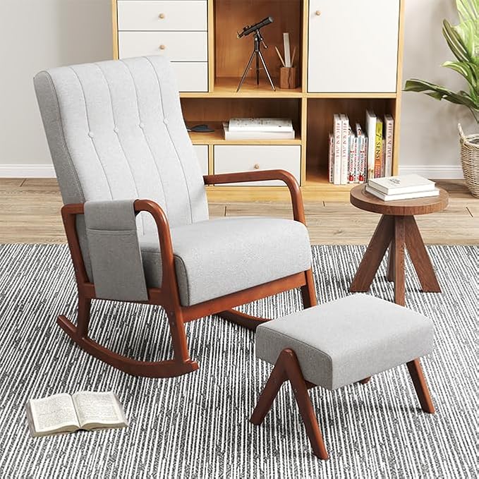KOMFOTT Rocking Chair with Ottoman Set of 2 Upholstered Rocker Chair with Footrest Side Pocket Stable Rubber Frame &amp Tufted Backrest Mid-Century Modern Rocking Accent Chair for Living Room Gr