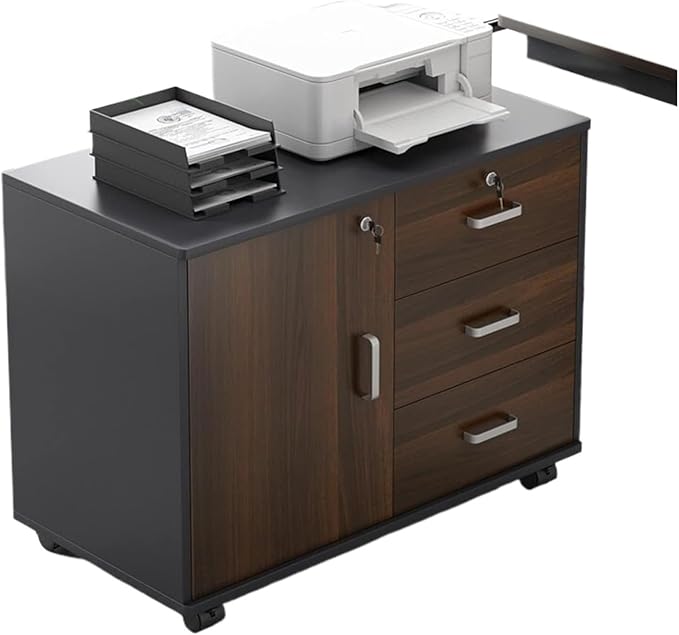 File Cabinet 3-Drawer File Cabinet Mobile Lateral Filing Cabinet On Wheels Printer Stand Home Office Under Desk Storage(Color:Dark Coffee Color)