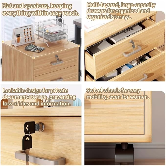 Mobile File Cabinet Wooden Low Desk Drawer with Four Drawers Lockable Storage Cabinet with Removable Wheels Multifunctional Locking Cabinet for Office(White)