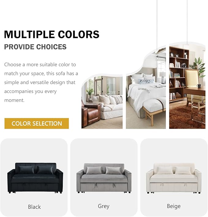 55.51 Small Loveseat Sleeper Sofa Bed Velvet Pull Out Couch Bed with Adjustable Backrest and Side Pockets for Living Room Bedroom Apartment (Beige)