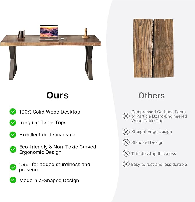 Solid Wood Desk 55 inches Home Office Computer Desk Wooden Rustic Writing Desk Metal Modern Simple Design Executive Real Wood Desk(Rustic Brown)