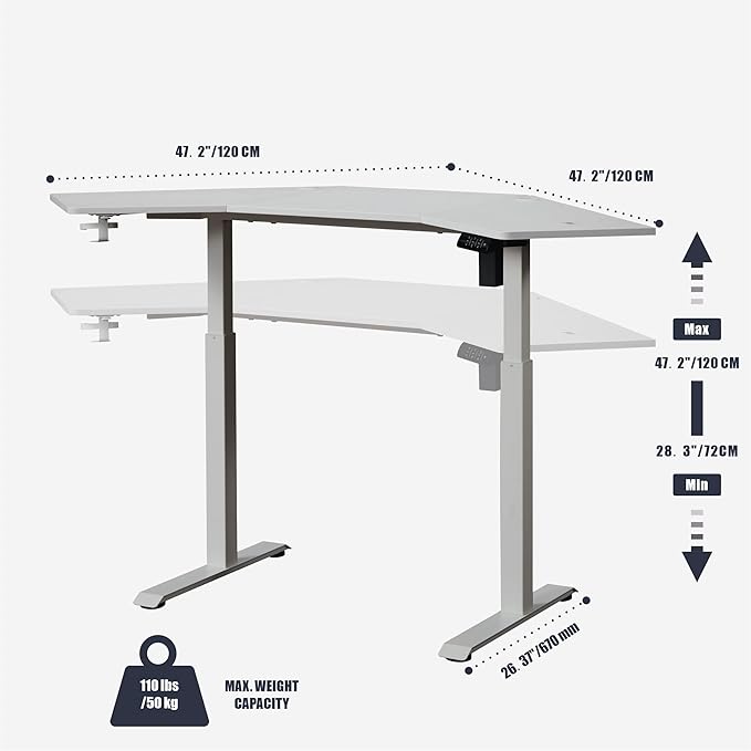 Pemberly Row Corner Electric Height Adjustable L-Shaped Standing Desk Wood and Metal Construction White Finish 47 x 67 in Large Workspace Cable Management Home Office Desk for Sitting or