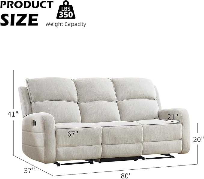 EBELLO Manual Living Room Furniture Reclining Couch Set Soft Fabric 3 Seat Sofa Recliner Sofa for Meeting Room Overstuffed Backrest and Armrest